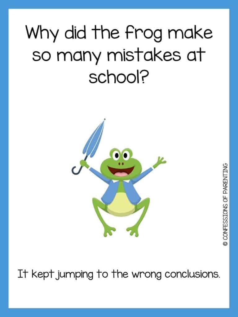 Frog joke on white background with blue border and happy green frog wearing blue jacket with white collar and holding a closed blue umbrella