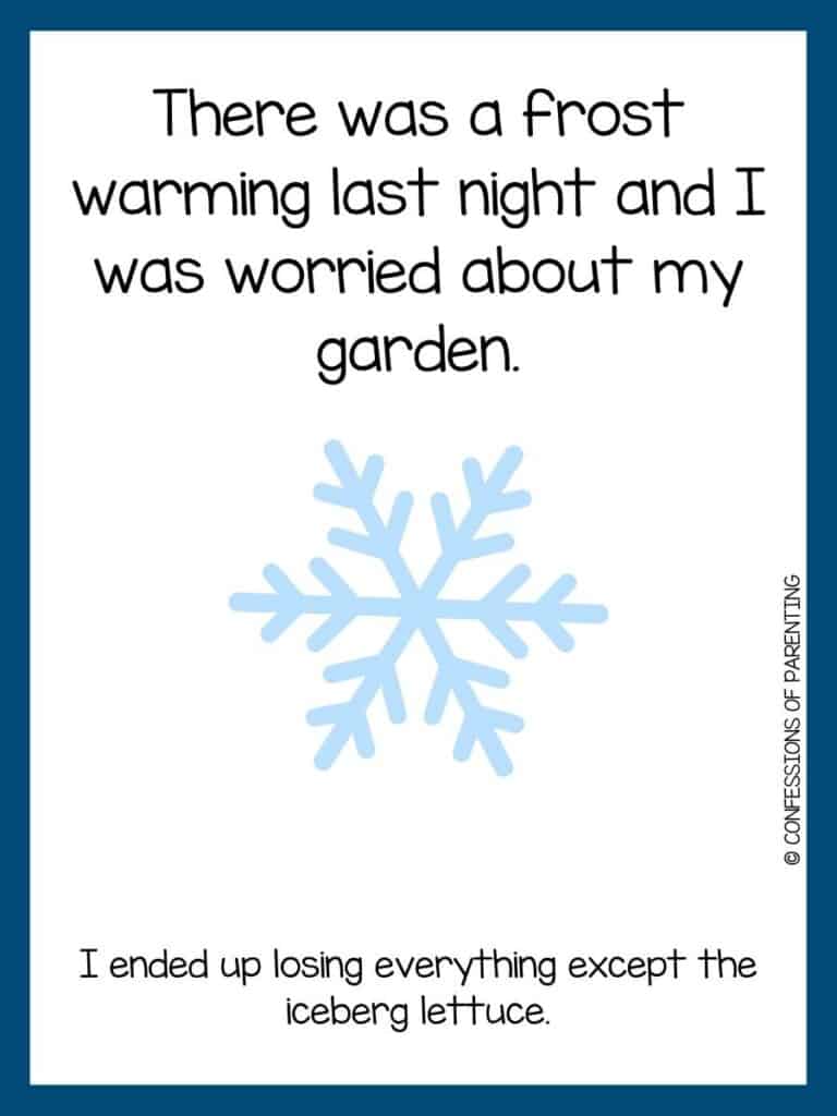 Blue snowflake and blue border with frost joke.