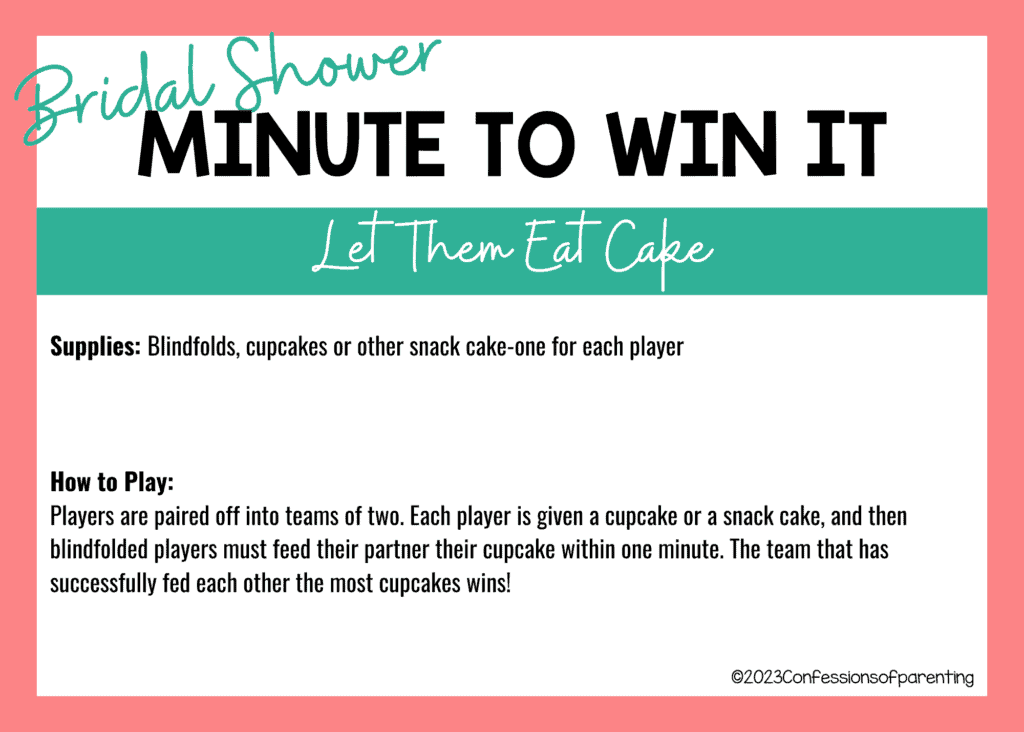 Pink border around a white background, with the instructions for Let Them Eat Cake minute to win it game