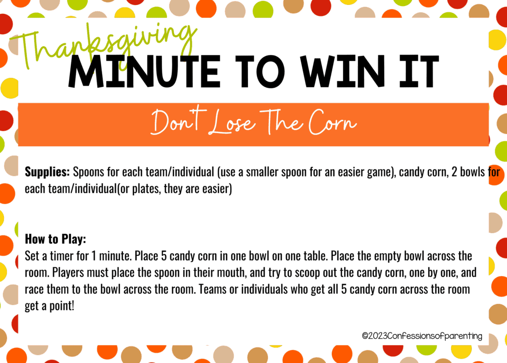Fall polka dot border on white background with Don't Lose the Corn minute to win it game instructions