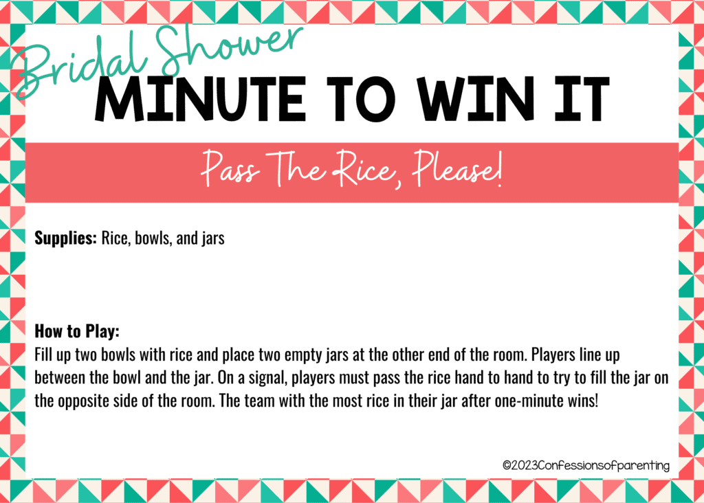 Teal and pink abstract print border around a white background, with the instructions for Pass the Rice Please! minute to win it game