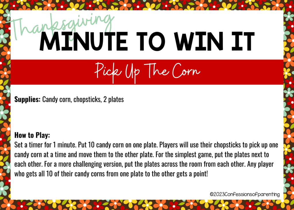 Fall floral border on white background with Pick Up the Corn minute to win it game instructions