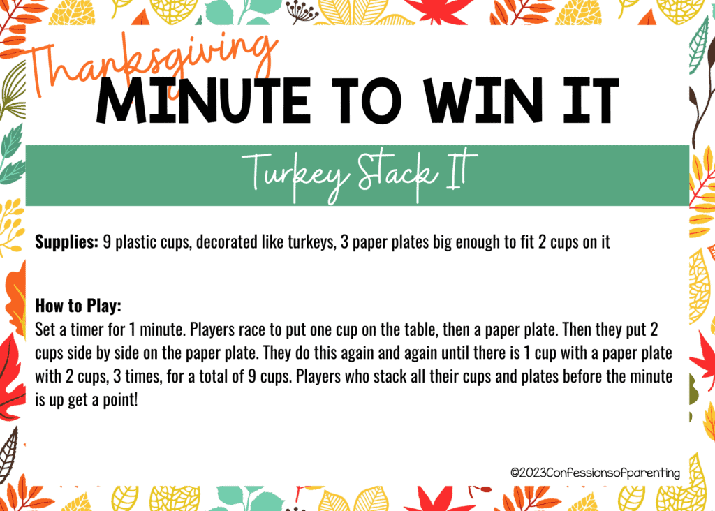 Fall floral border on white background with Turkey Stack It minute to win it game instructions