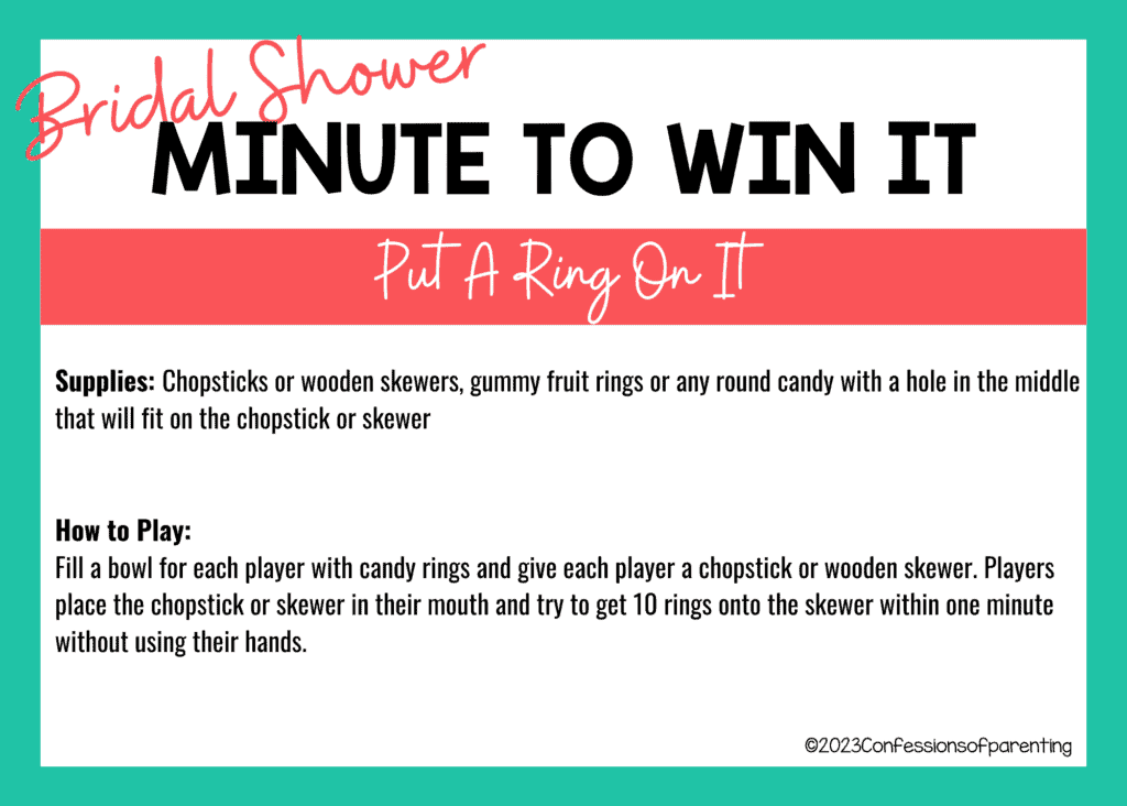 Teal border around a white background, with the instructions for Put a Ring On It minute to win it game