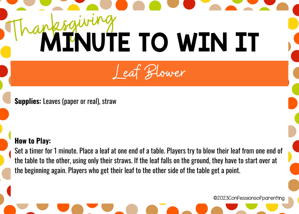 Fall polka dot border on white background with Leaf Blower minute to win it game instructions