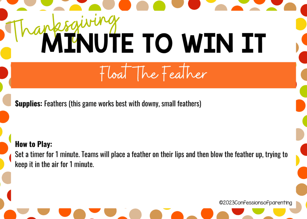 Fall polka dot border on white background with Float the Feather minute to win it game instructions