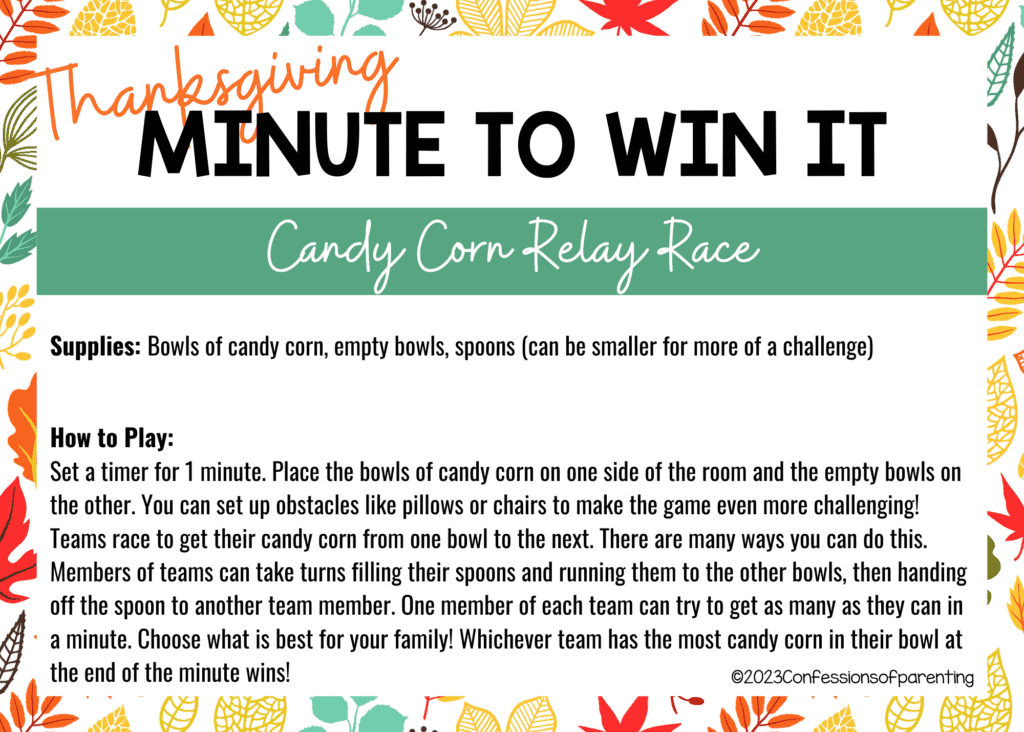 Fall floral border on white background with Candy Corn Relay Race minute to win it game instructions