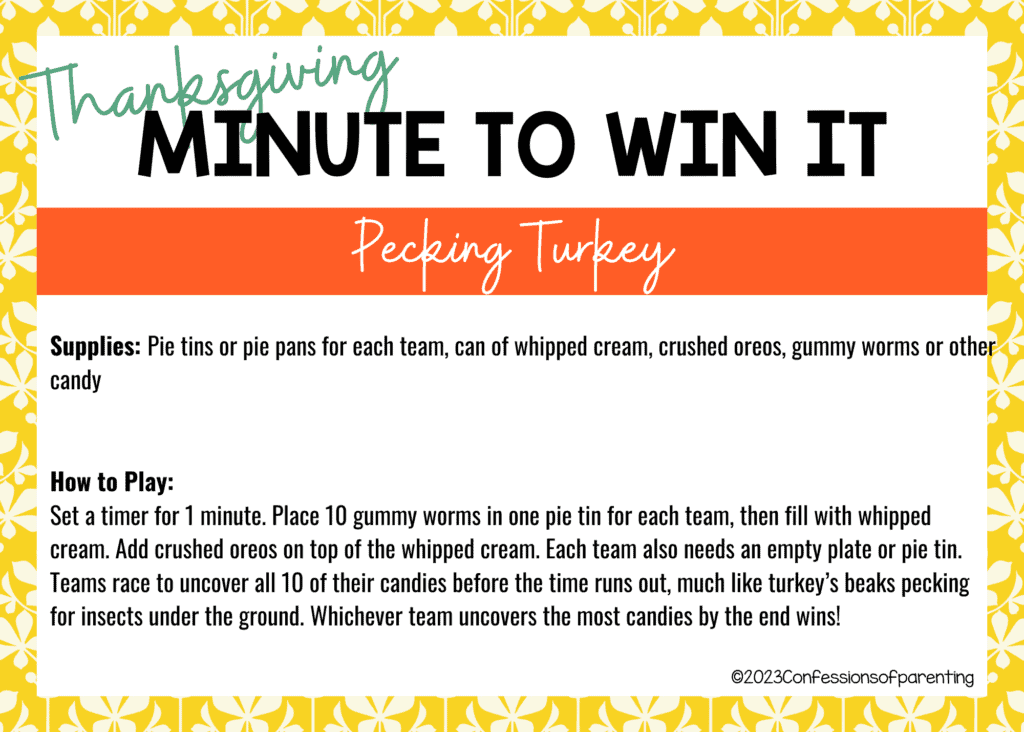 Yellow border on white background with Pecking Turkey minute to win it game instructions