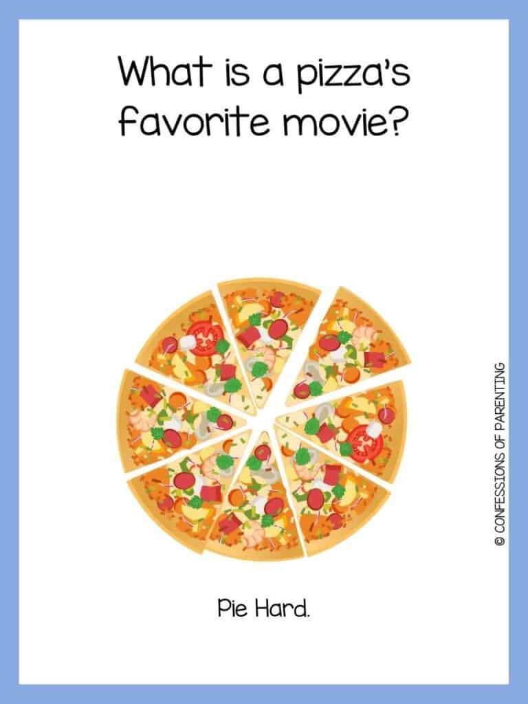 Pizza joke on white background with a purple border and whole supreme pizza cut into eight slices