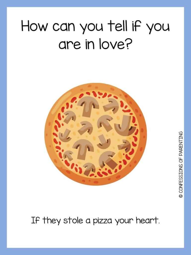 Pizza joke on white background and purple borders with whole uncut mushroom pizza