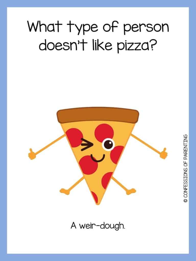 Pizza joke on white background with purple border and winking slice of pepperoni pizza giving two thumbs up