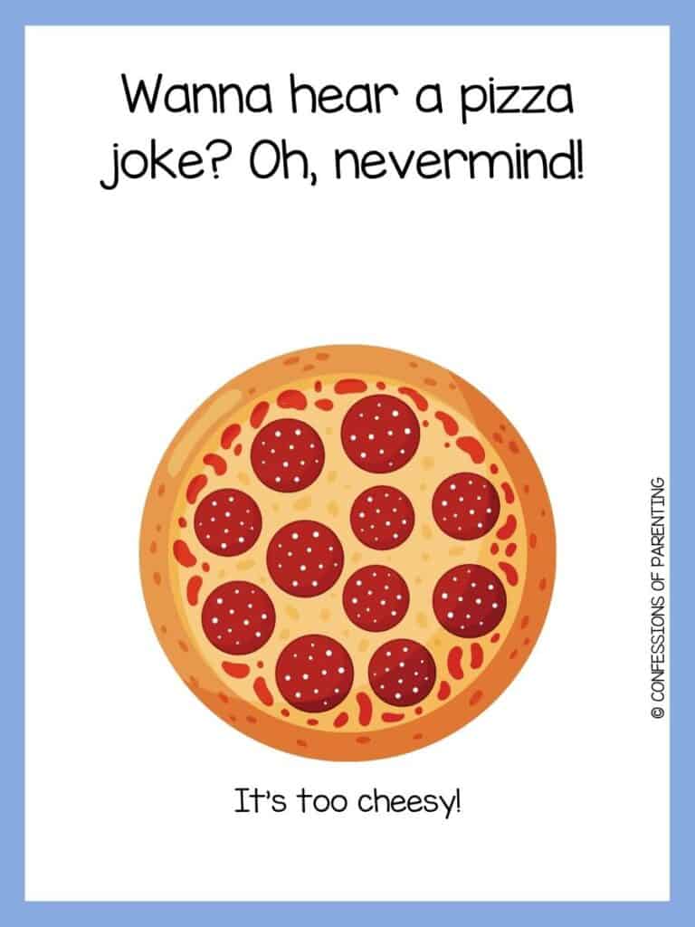 Pizza joke on white background with purple border and whole pepperoni pizza