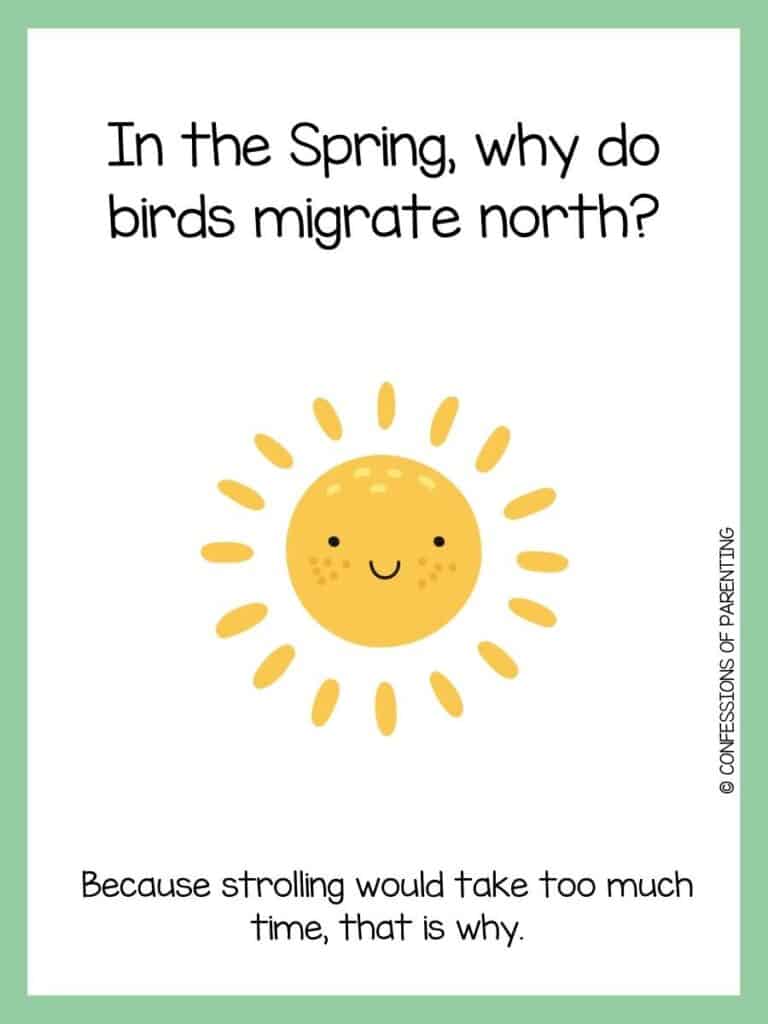 A spring riddle with a yellow smiling sun with a green border