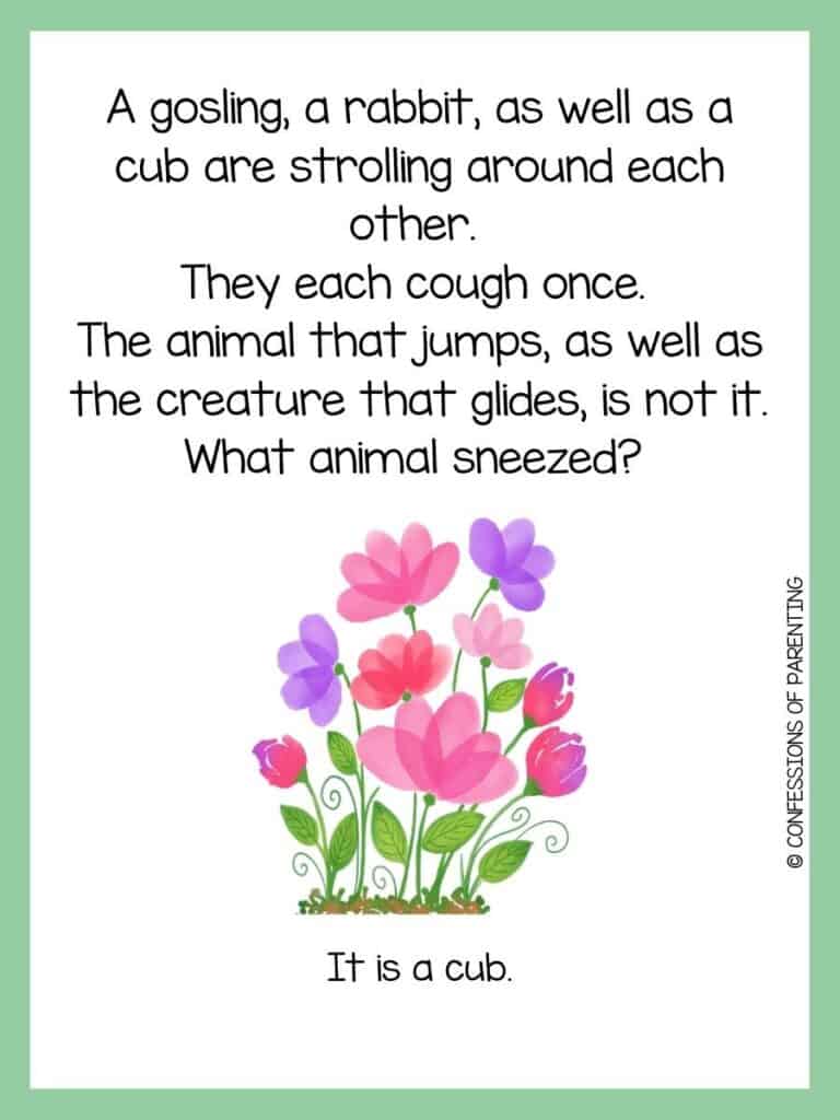 A spring riddle with pink and purple flowers growing out of the ground with a green border.