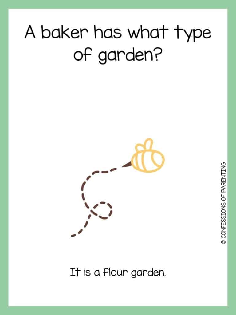 A spring riddle with a yellow outline of a bee and a brown stinger and a brown dotted line that shows the bee's flight path with a green border