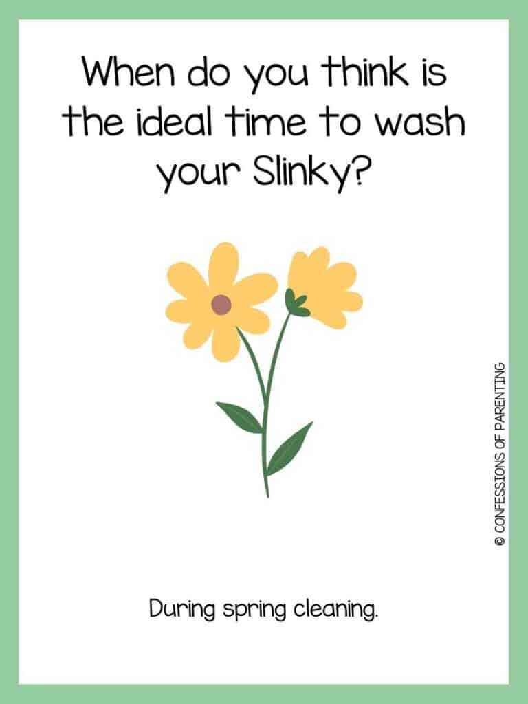 A spring riddle with two yellow flowers on a stem with a green border.