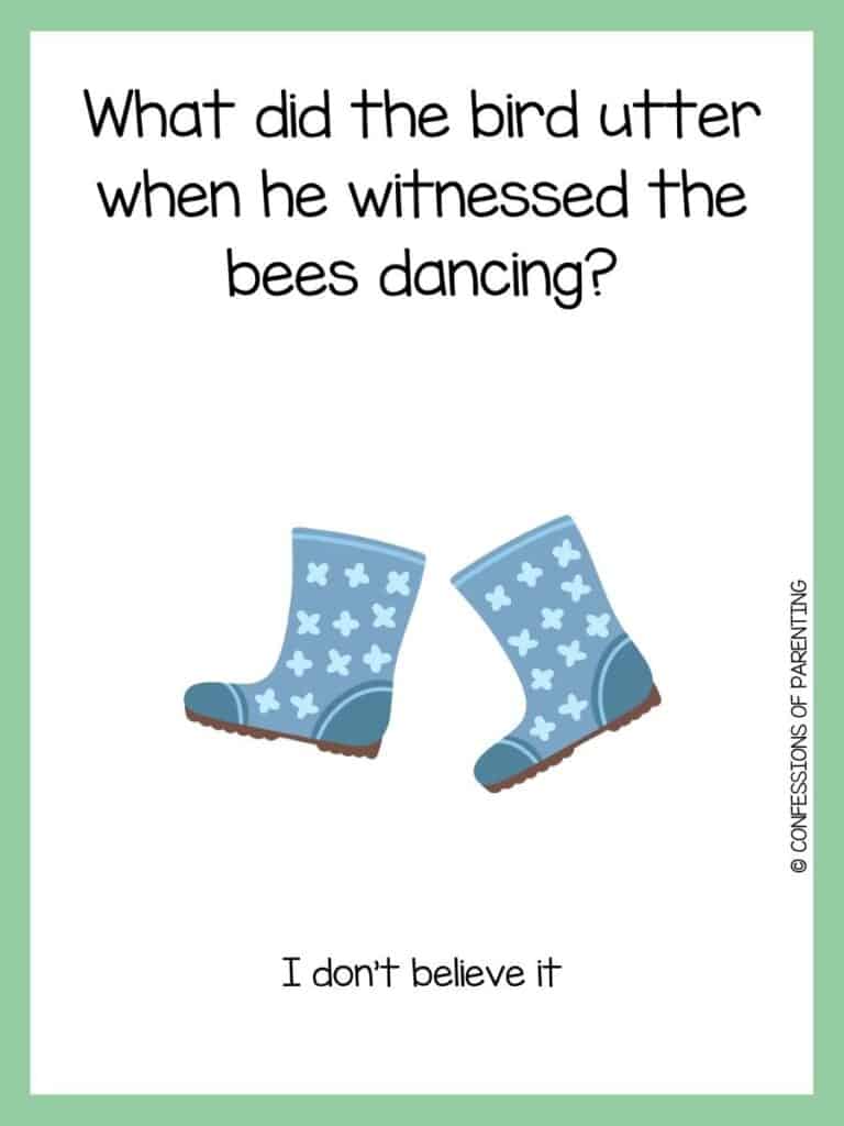 A spring riddle with two blue rainboots with light blue plus signs on them with a green border.