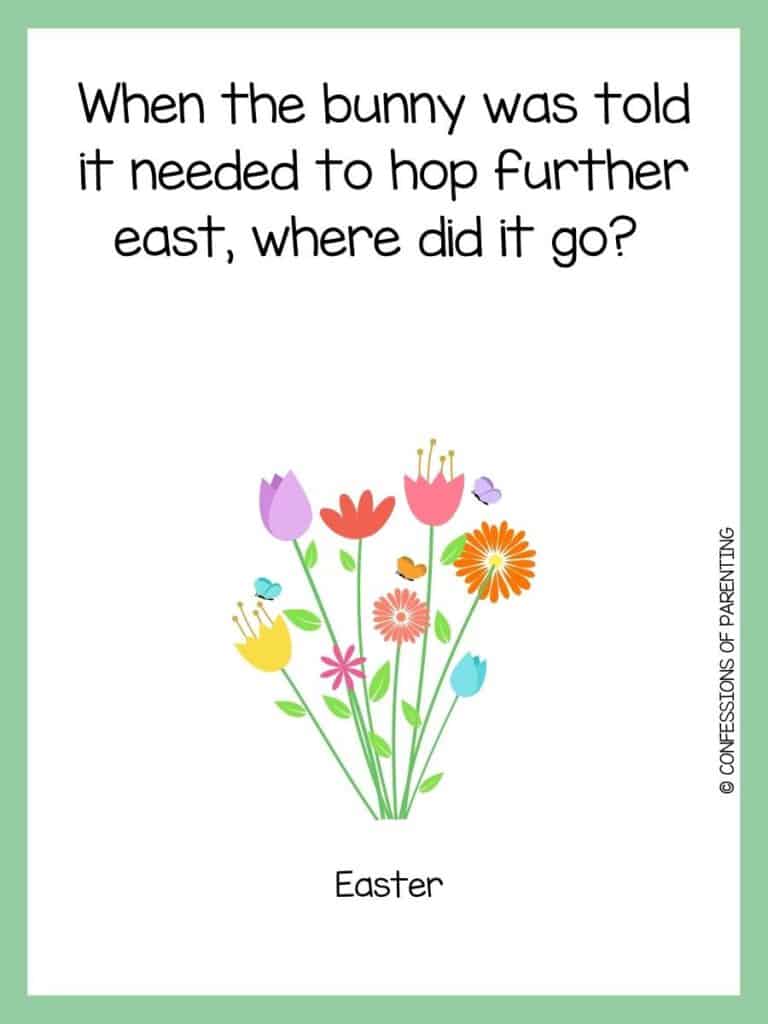 A spring riddle with a bouquet of multicolor flowers with a green border.