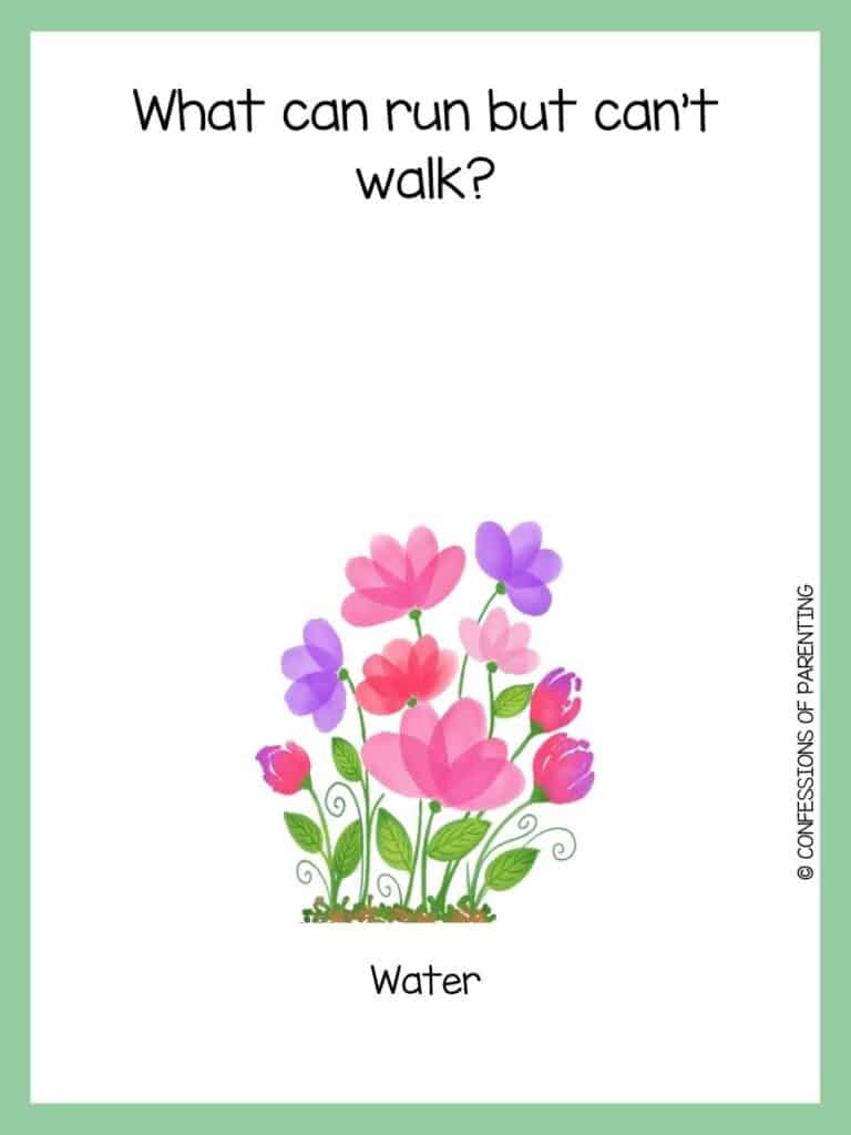 A spring riddle with pink and purple flowers growing out of the ground with a green border.