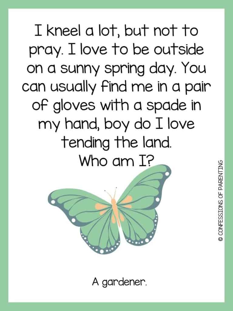 A spring riddle with a green, yellow, and black butterfly with a green border.