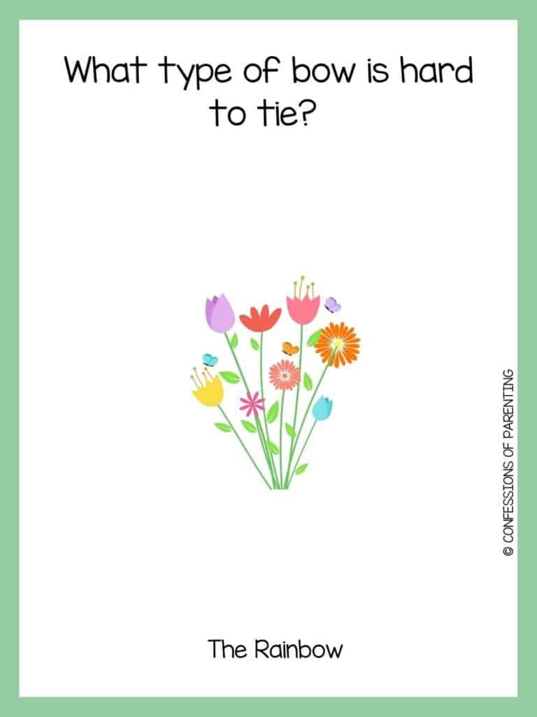 A spring riddle with a bouquet of multicolor flowers with a green border.