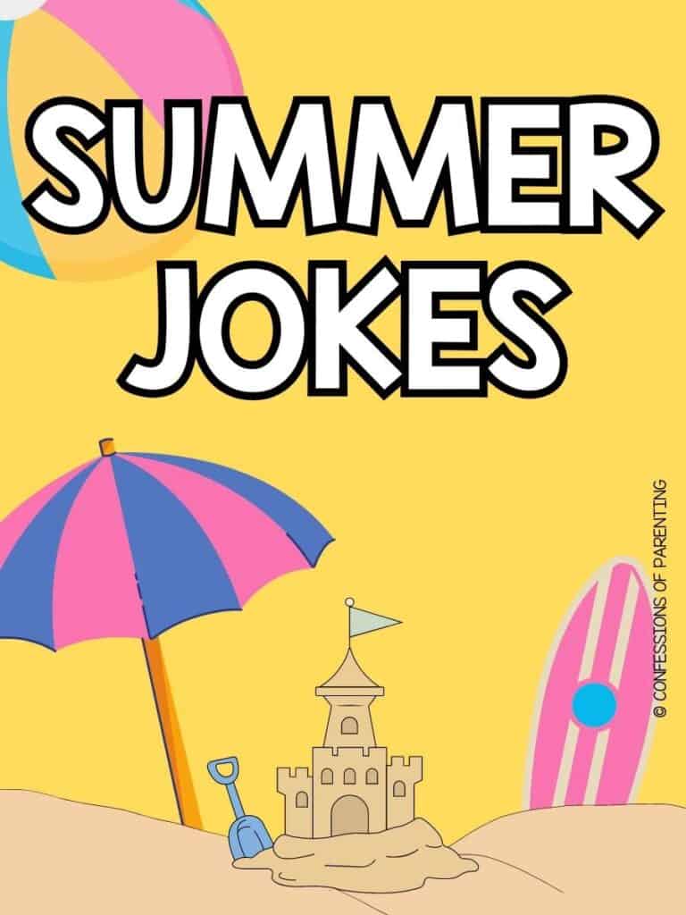 Summer jokes on yellow background with sandcastle on the beach at the bottom with a pink and purple umbrella and pink and cream striped surfboard and colorful beachball.