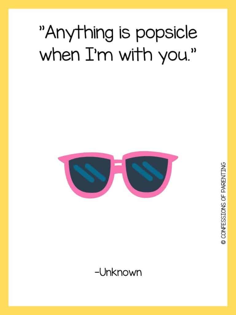 Summer joke on white background with yellow border and pink sunglasses with black lenses
