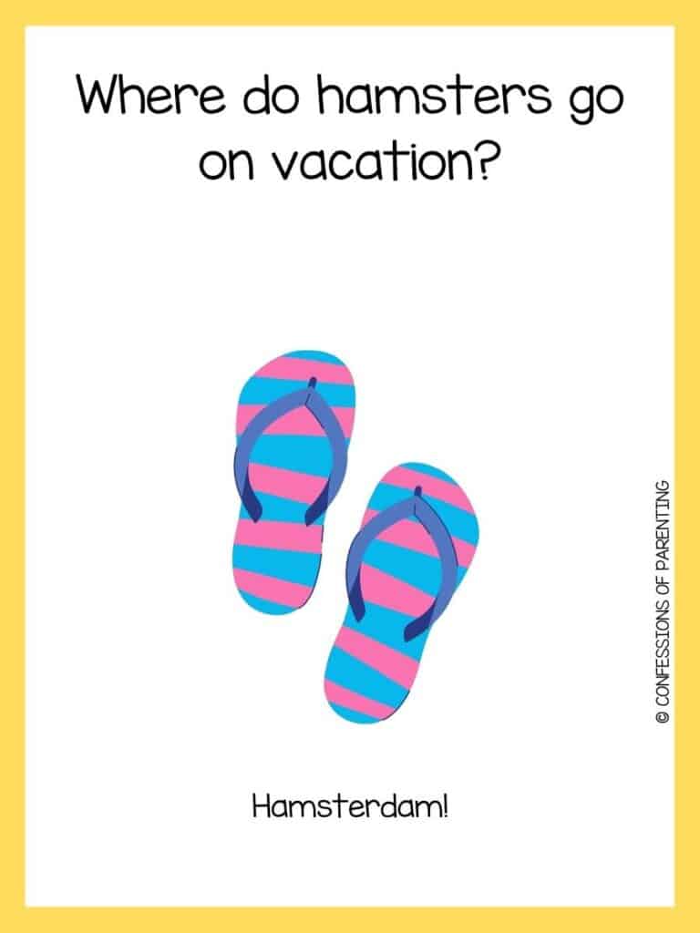 Summer joke on white background with yellow borders and pink and blue striped flip flops