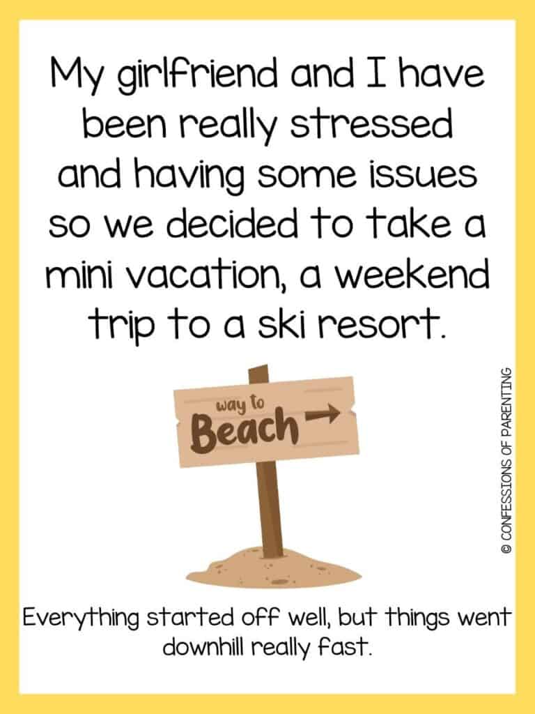 Summer joke on white background with yellow borders and wooden beach sign