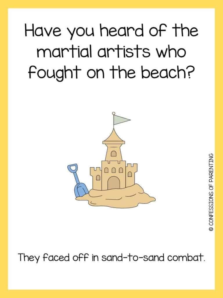 Summer joke on white background with yellow borders and sandcastle with green flag next to blue shovel
