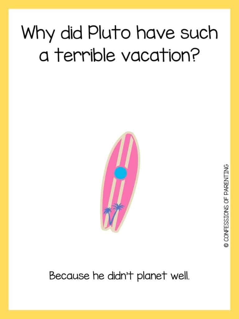 Summer joke on white background with yellow borders and pink and cream striped surf board with blue palm trees