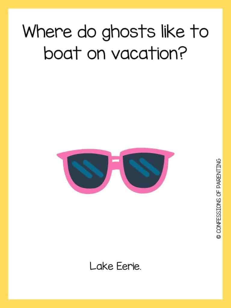 Summer joke on white background with yellow borders and pink sunglasses with black lenses