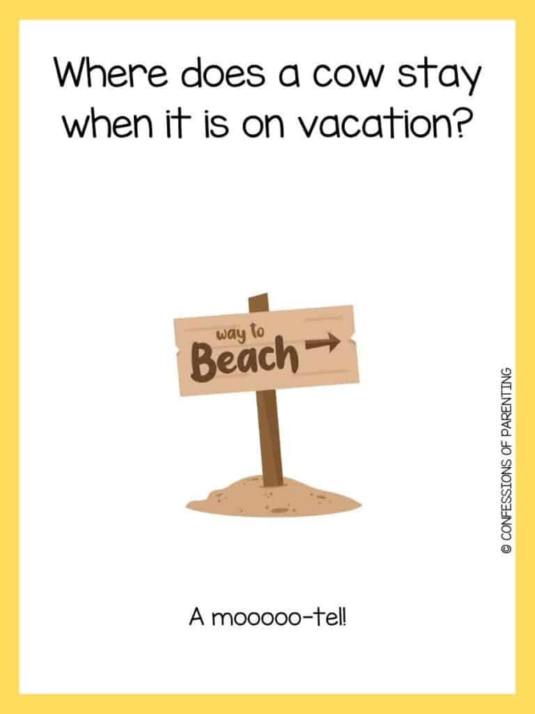 Summer joke on white background with yellow border and wooden beach sign with arrow in sand