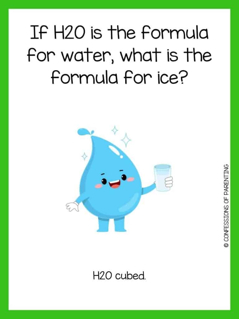 Water riddle with happy blue water drop holding a glass of water on green border