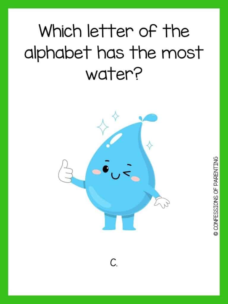 Water riddle with blue winking water drop giving a thumbs up and a green border.