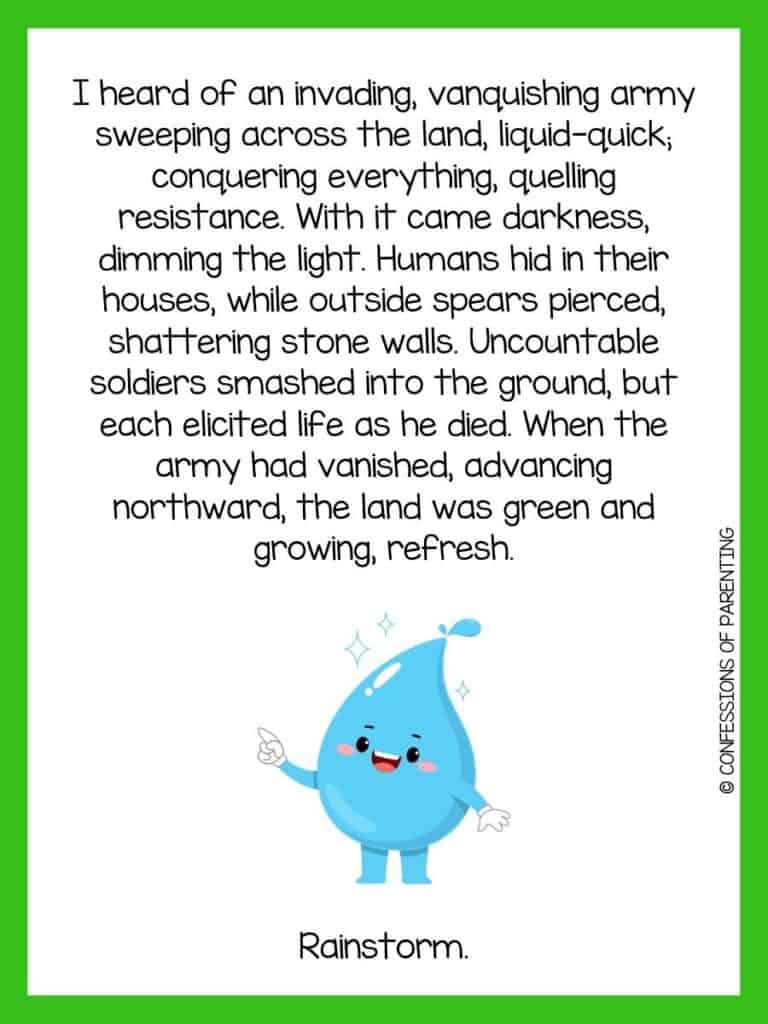 Water riddle with happy blue water drop pointing and green border.
