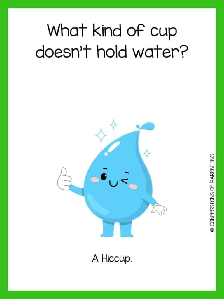 Water riddle with winking blue water drop giving a thumbs-up on a green border. 