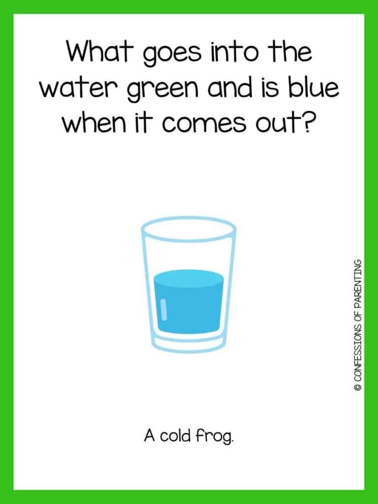 Water riddle with blue half-full glass of water and green border. 