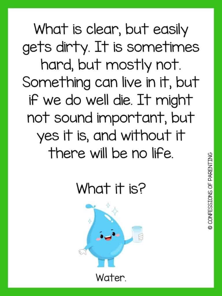 Water riddle with animated water droplet holding a glass of water and green border.