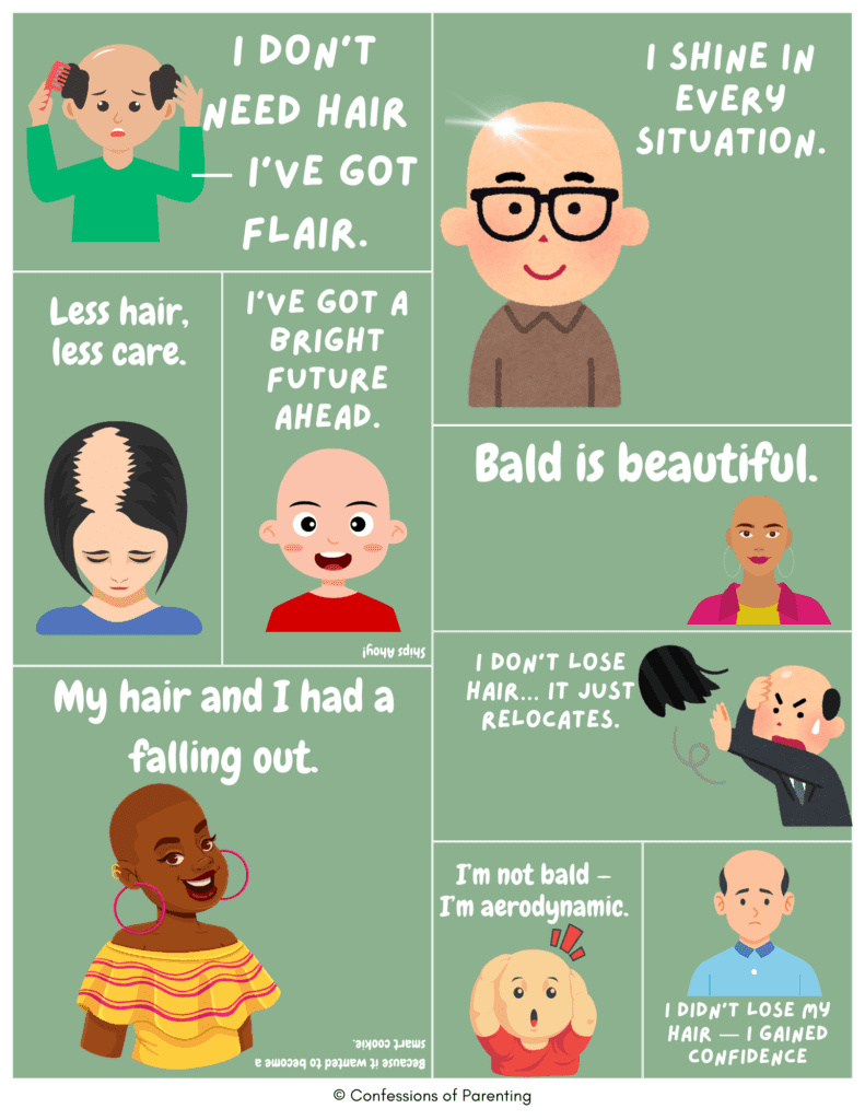 Kid-friendly bald jokes cards with cartoon bald men and women on green background, featuring funny quotes about hair loss, confidence, and being aerodynamic.
