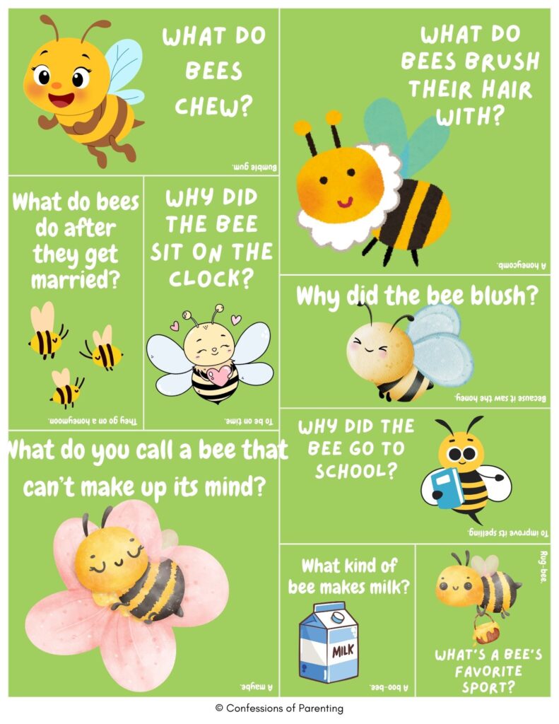 Kid-friendly bee jokes cards with cute cartoon bees on green background, featuring funny riddles about honey, school, marriage, and sports.