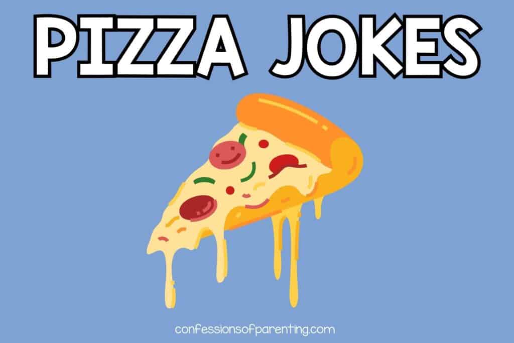 slice of cheesy pizza with pepperoni and peppers on blue background with white text "pizza jokes"