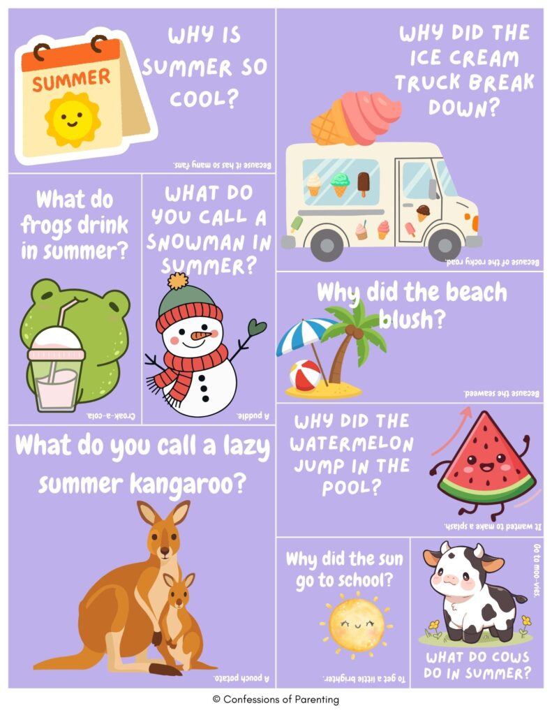 Kid-friendly summer jokes cards with ice cream truck, frog, snowman, watermelon, sun, cow, and beach-themed riddles on purple background.