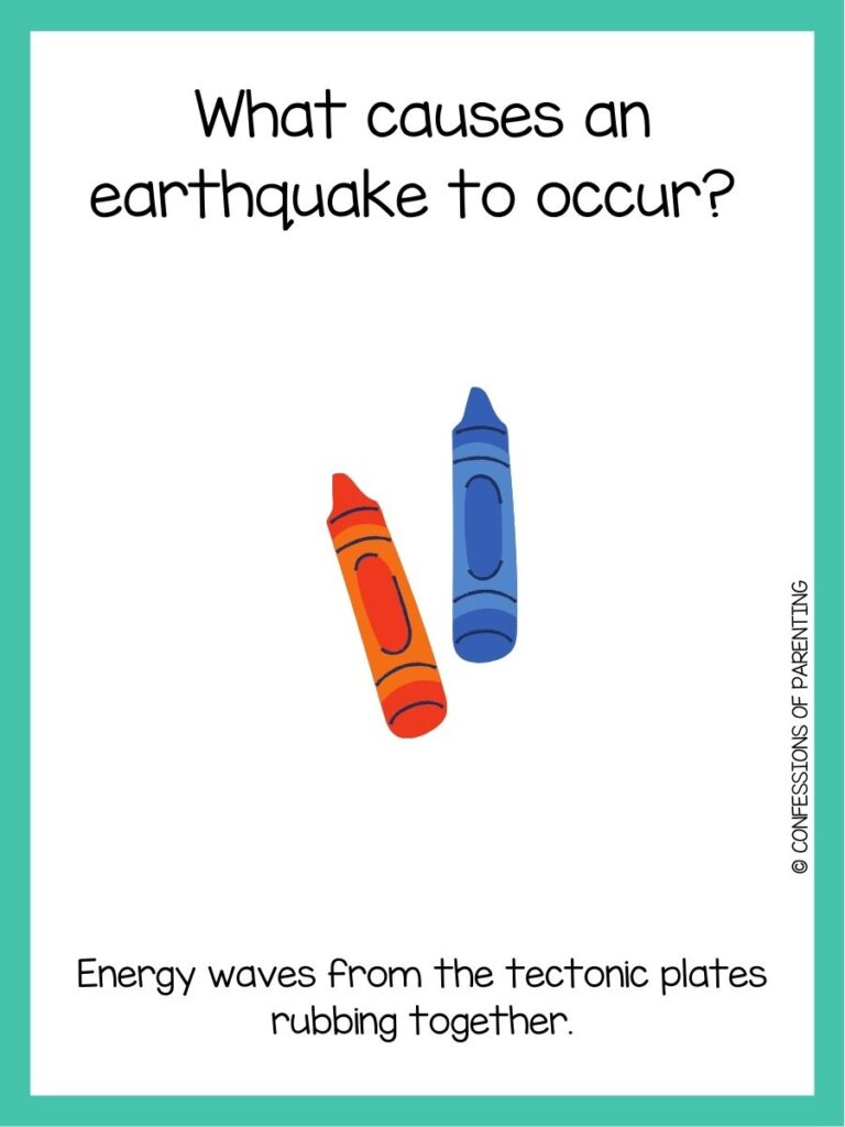 in post image with white background and teal border, text of a 5th grade trivia question, and an image of crayons