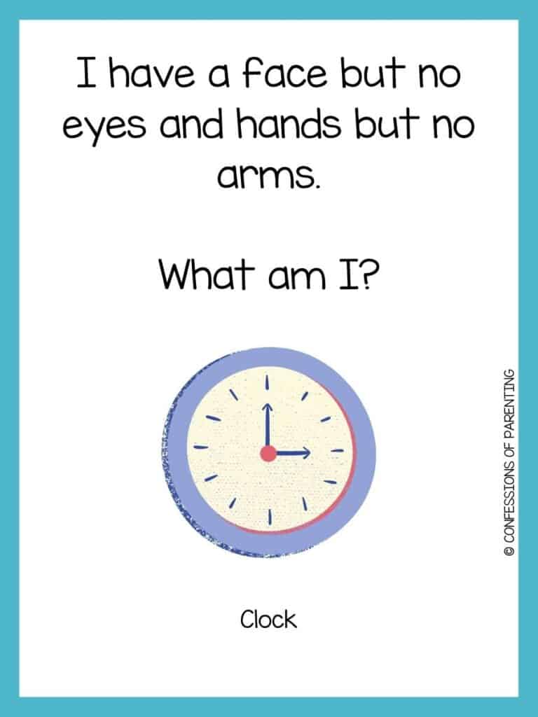 Clock riddle on white background with teal border and purple clock with cream face and blue and red markings