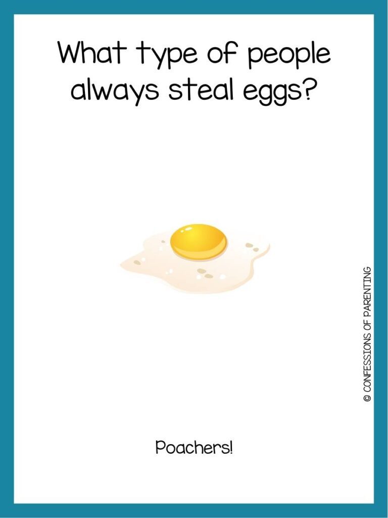 Sunny side up egg on white background with teal border and egg riddle for kids.
