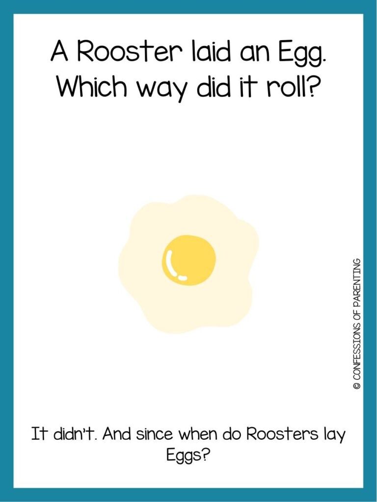 Sunny side up egg on white background with teal  border and egg riddle for kids.
