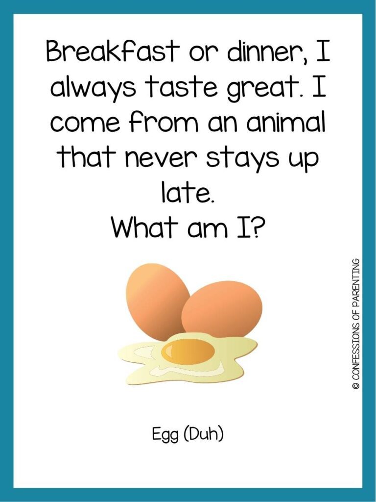 Two whole brown eggs and one cracked egg on white background with teal border and egg riddle for kids.