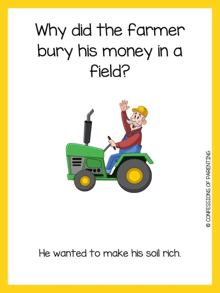 Farmer joke on white background with yellow borders and happy farmer with gray mustache in blue overalls sitting on green tractor and waving