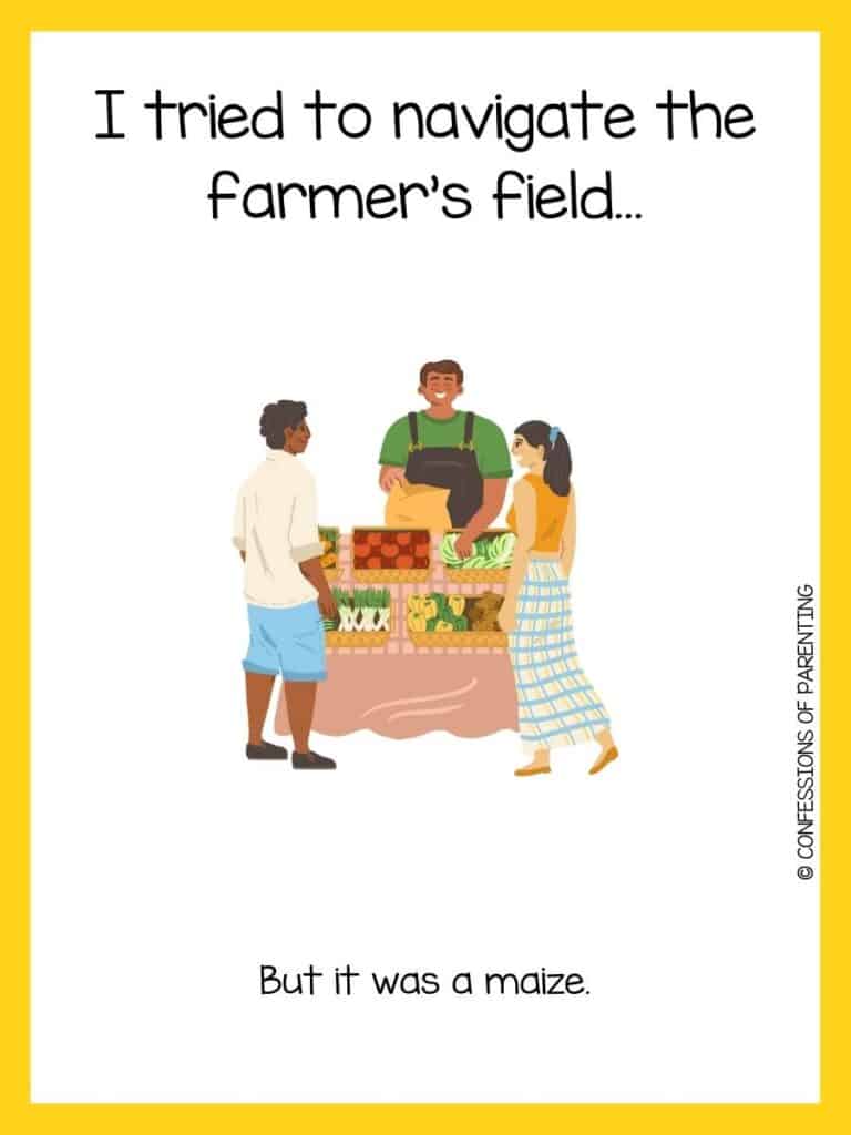 Farmer joke on white background with yellow borders and adults standing around pink table with boxes full of colorful vegetables